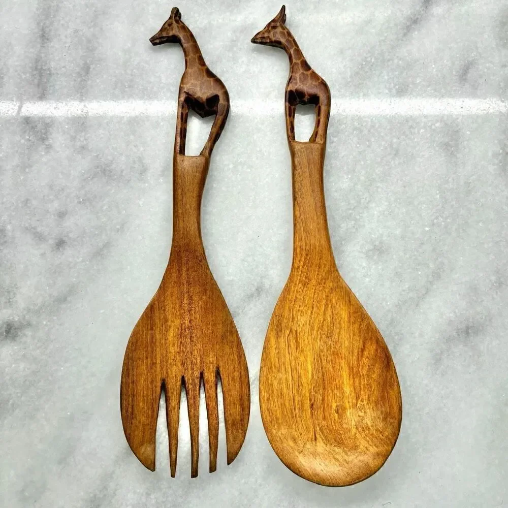 Handcarved African Flat Wooden Giraffe Spoon And Fork Salad Server Set Tan OS